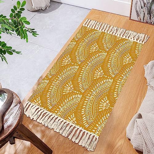 Boho Kid Bedroom Playroom Area Rug Mustard Yellow Tassels Carpet Mat Pad