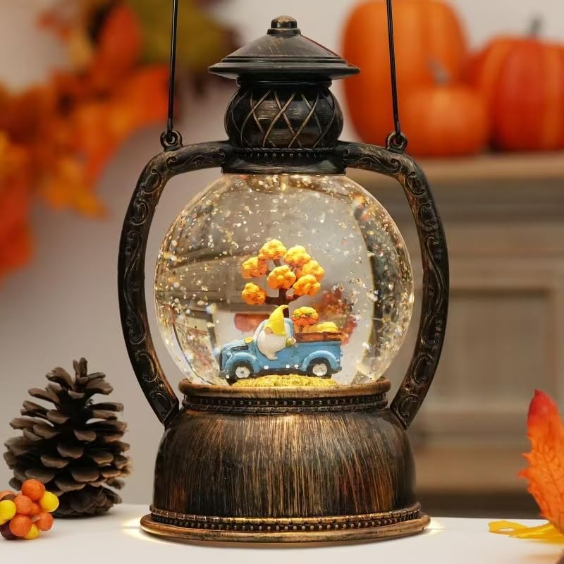 Fall Snow Globes Blue Truck Pumpkin and Gnome Scene Snow Globe Lantern