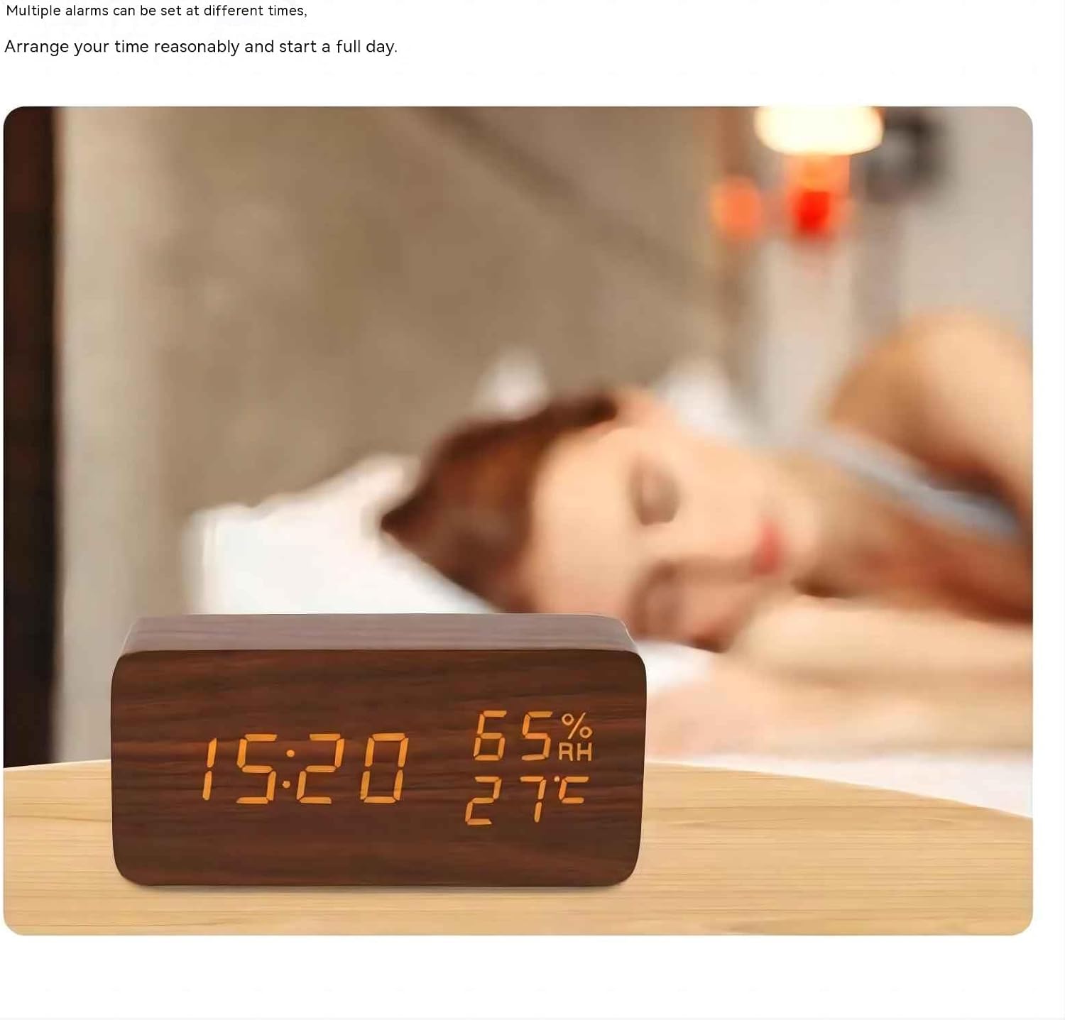 Wooden Digital Clock with Temperature Display and Dual Alarms