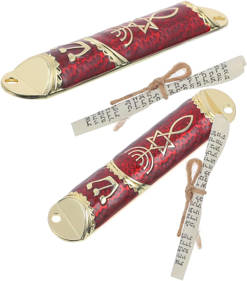 LOGOFUN 2 Piece Mezuzah Set with Scroll and Metal Case - Gold Red