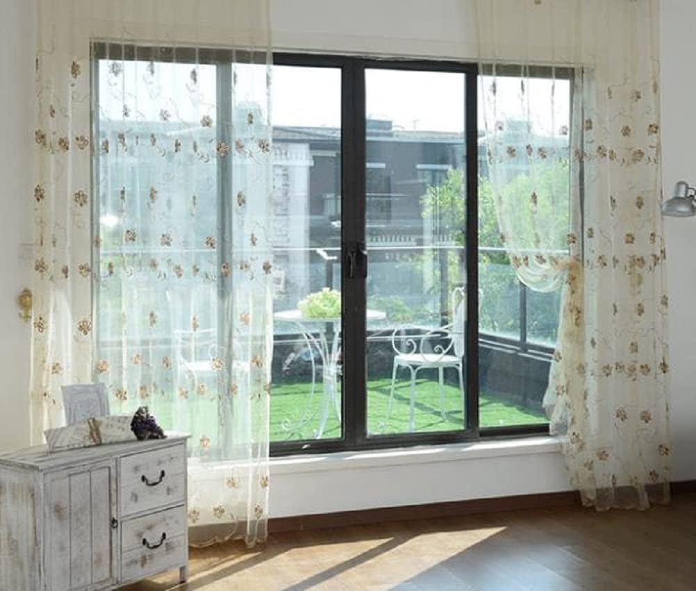 Iuokuby Natural Sheer Curtain with Flower Embroidery 100x95 Inch Yellow Panel