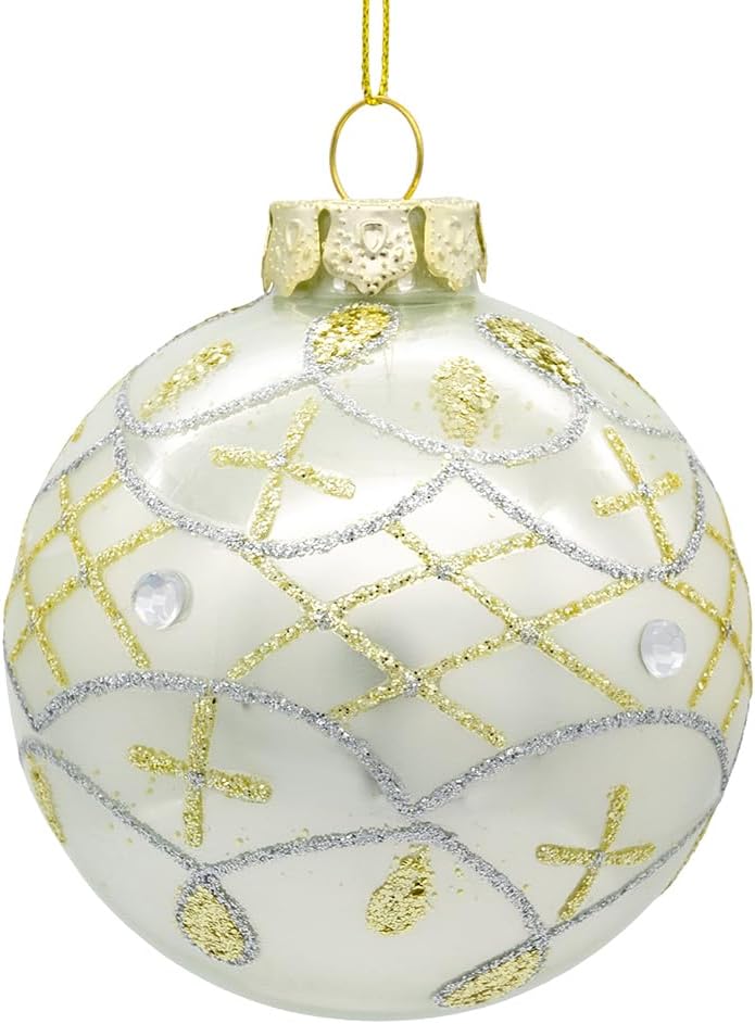 Kurt Adler 80MM Glass White Pearl Gold Accent Ball Ornaments
