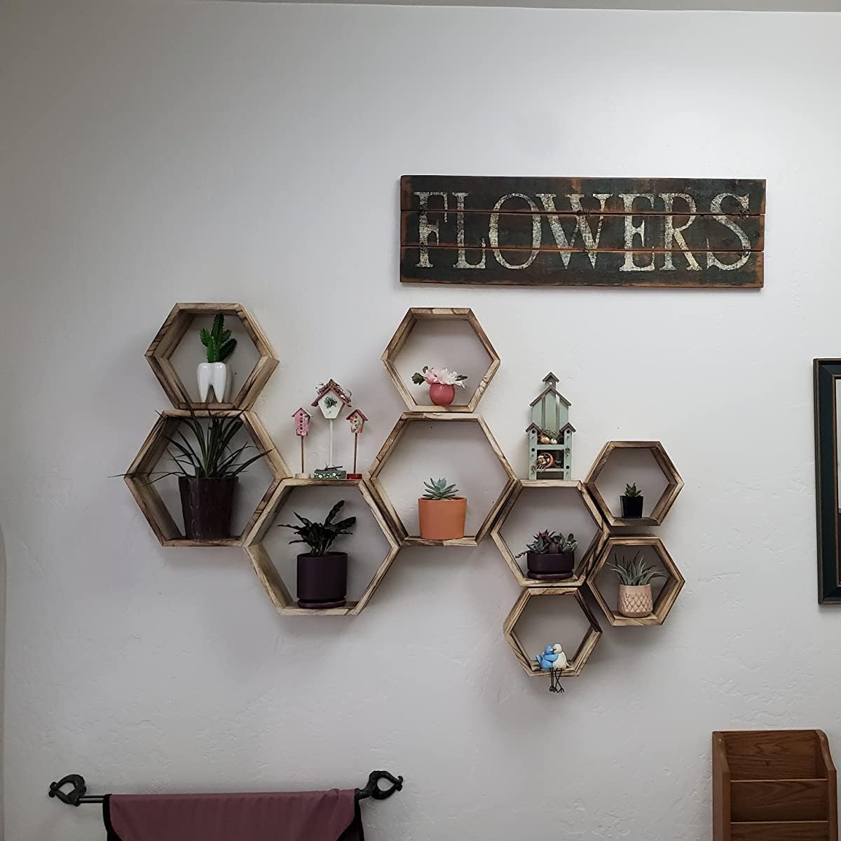 WONFUlity Hexagon Floating Shelf Wall Mount Wood Decor