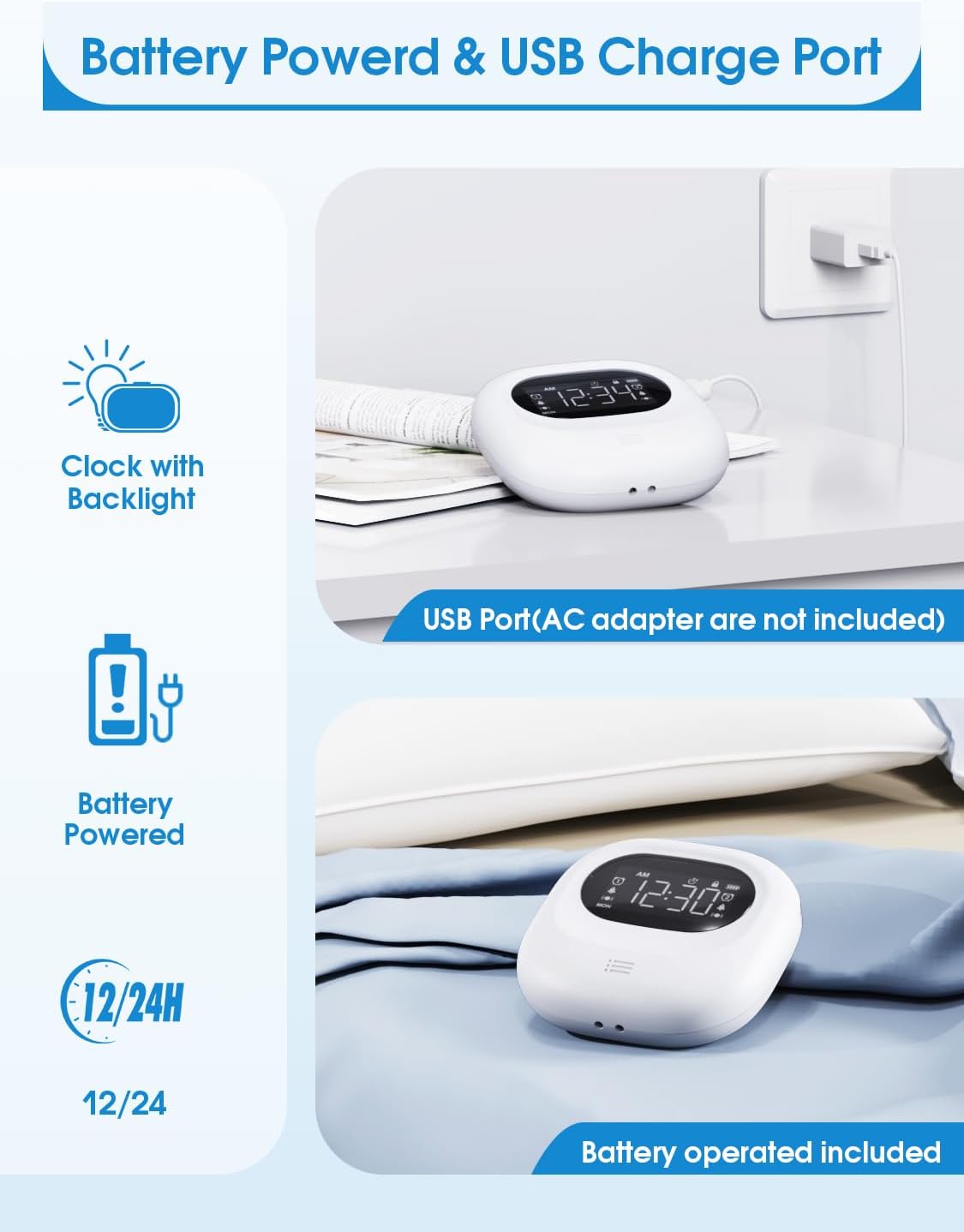 Vibrating Alarm Clock with 3 Wake Modes for Heavy Sleepers
