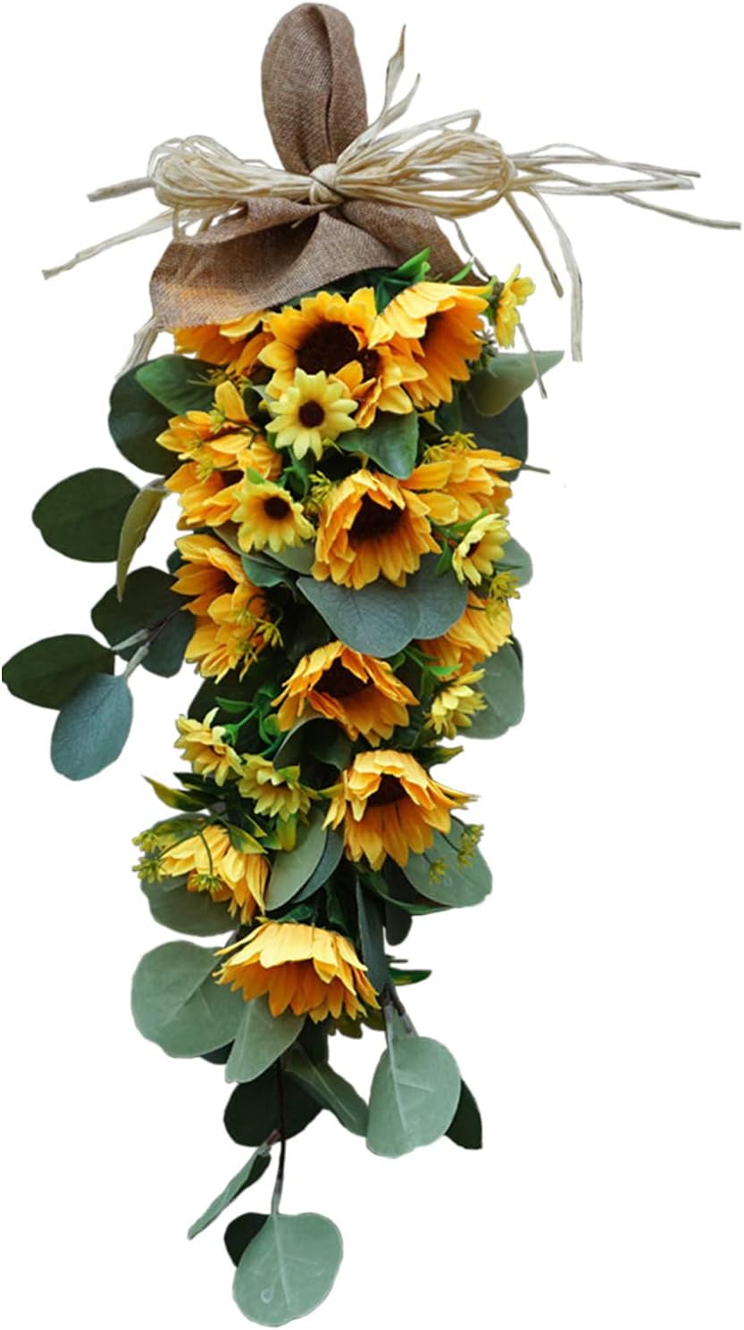 24in Artificial Sunflowers Teardrop Wreath with Burlap Bow