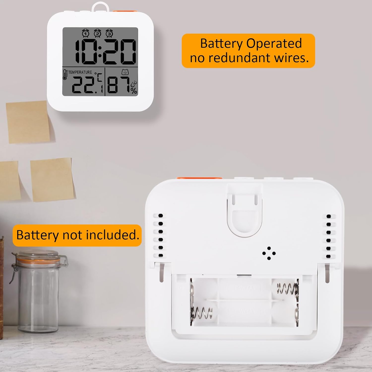 WinFong Small Digital Alarm Clock with 3 Bells and Temperature Humidity Display