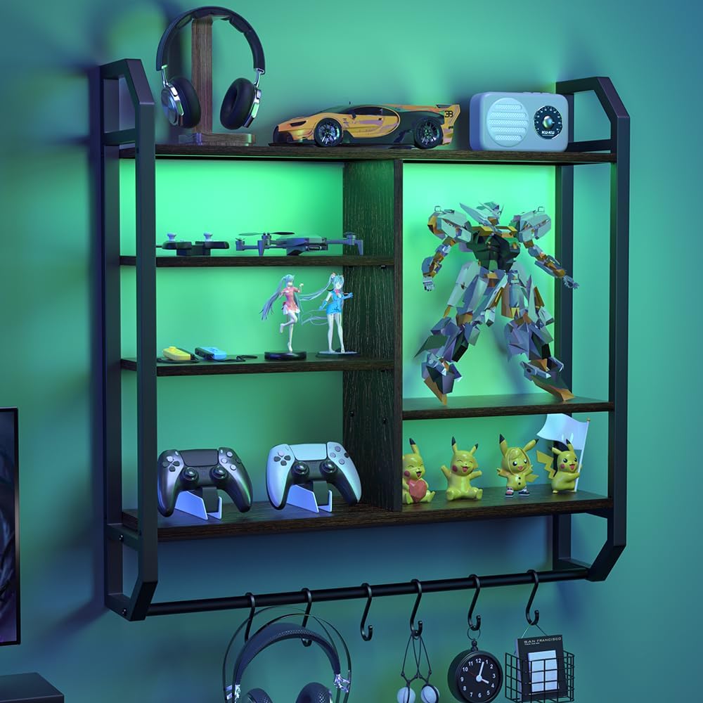 Nidouillet Gaming Floating Shelf with LED Lights and Hooks