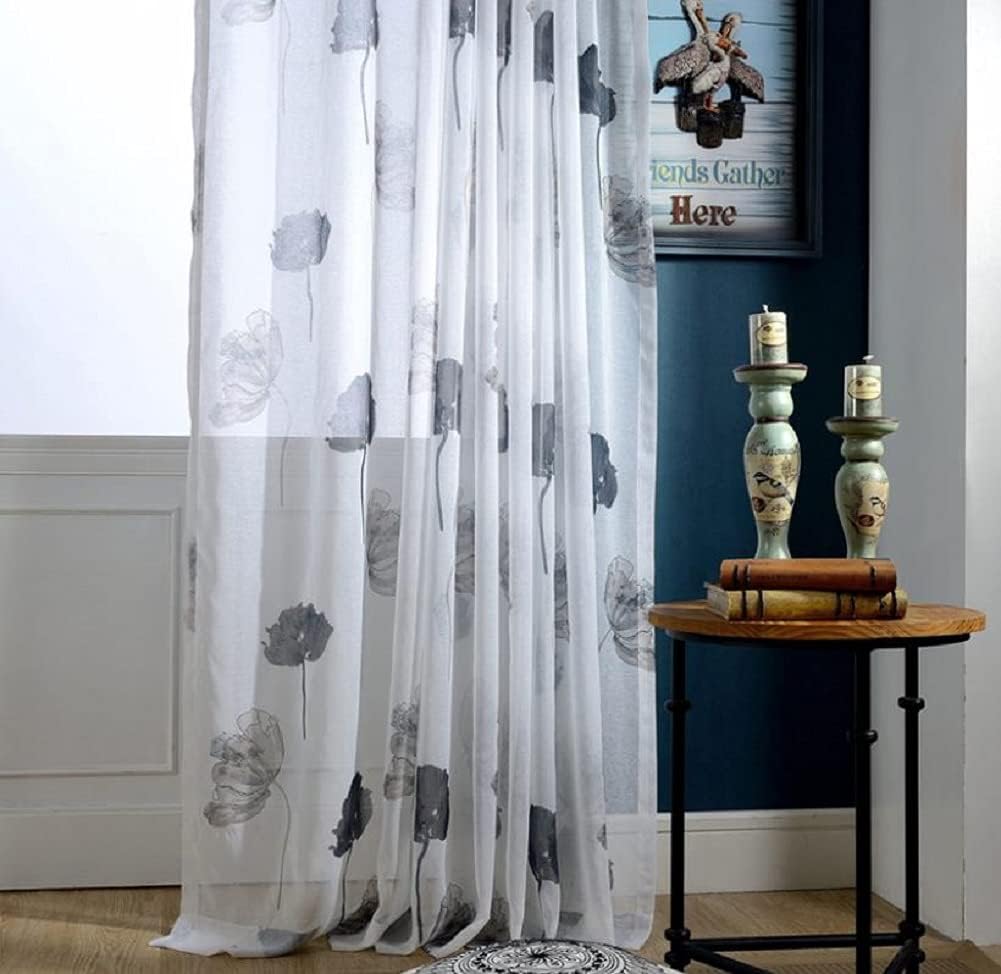 Lotus Print Sheer Curtains Rod Pocket 2 Panels