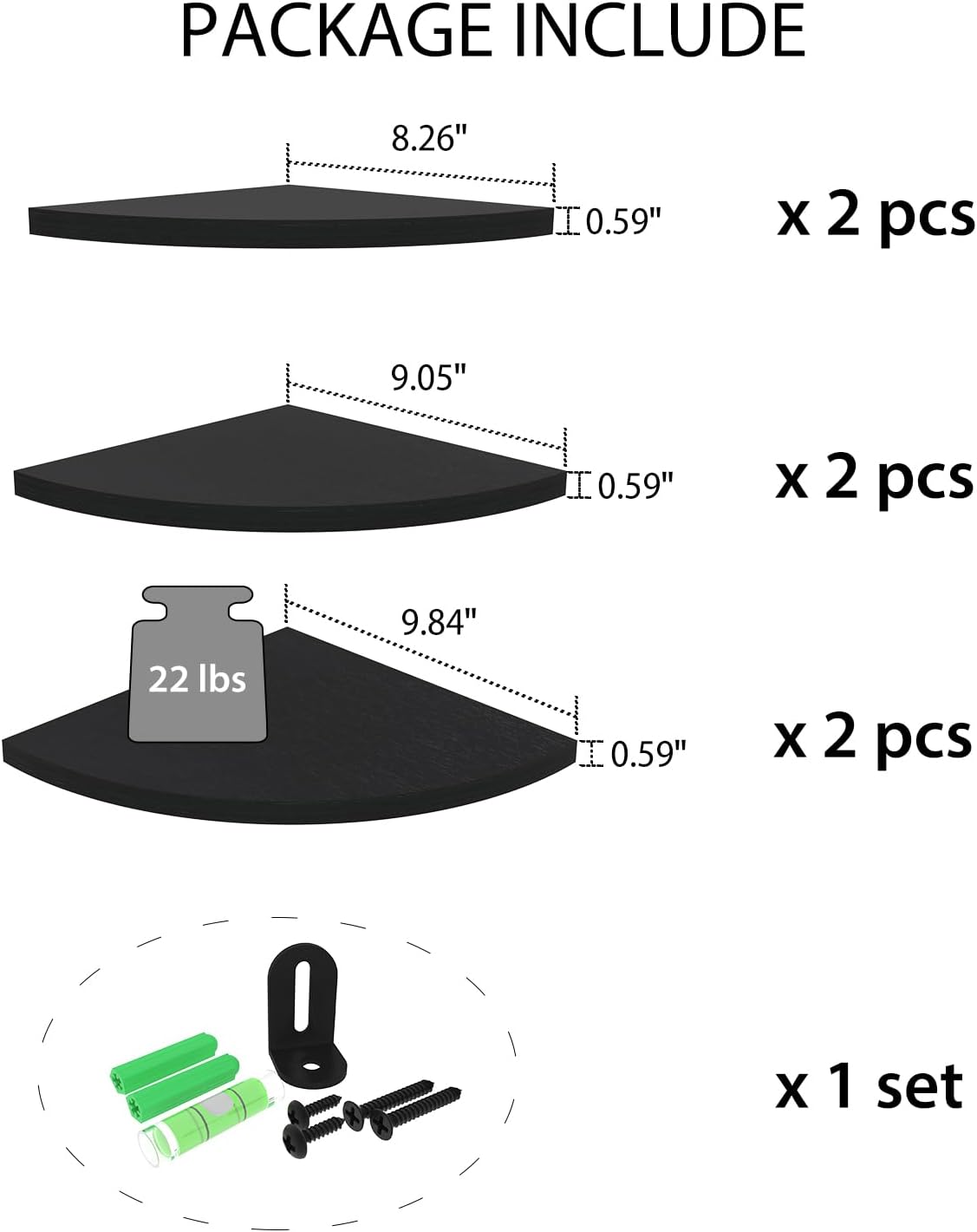 HORLIMER Floating Corner Shelf Wall Mount Set of 6 Black
