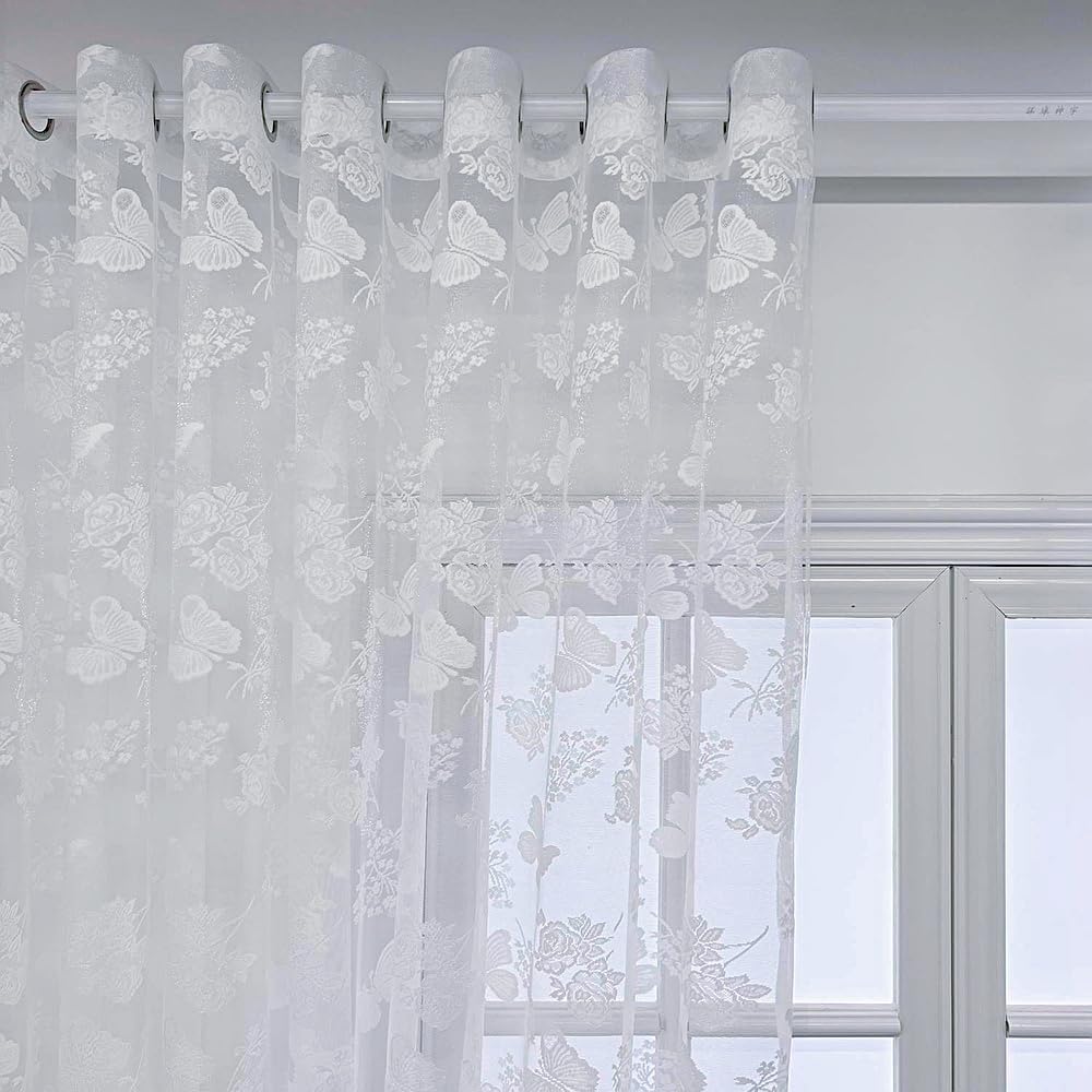 White Butterfly Embroidery Sheer Curtain Panel for Door Window Hanging