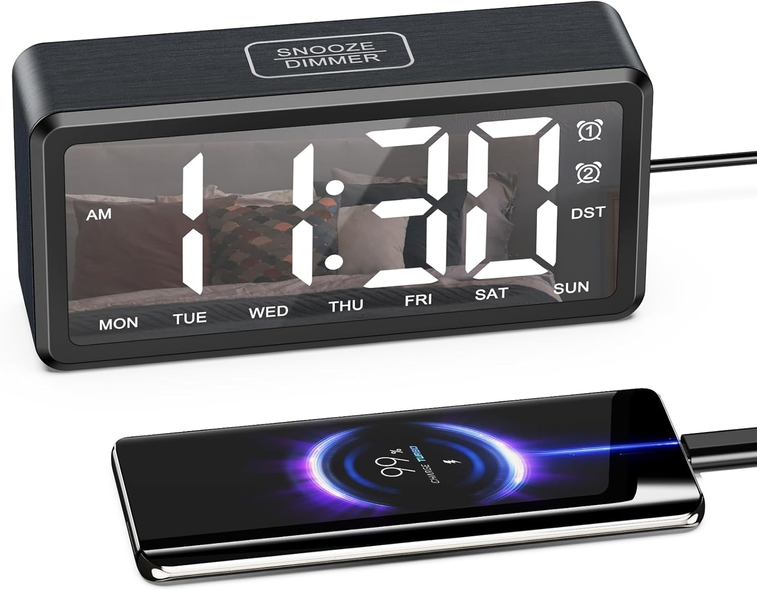 ORIA Wooden Digital Alarm Clock with LED Mirror and Dual Alarms