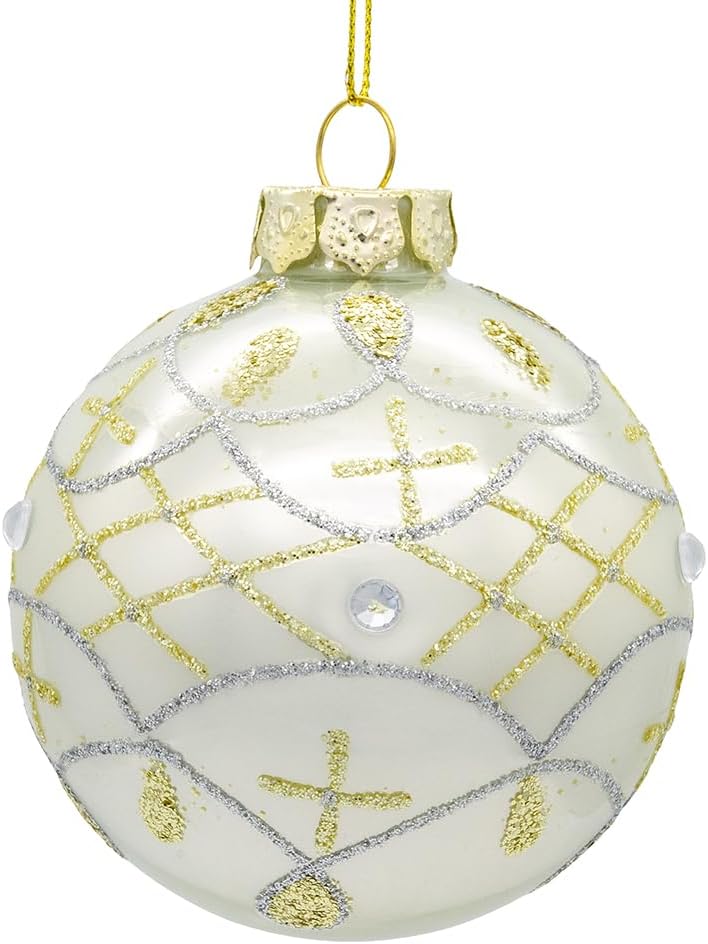Kurt Adler 80MM Glass White Pearl Gold Accent Ball Ornaments