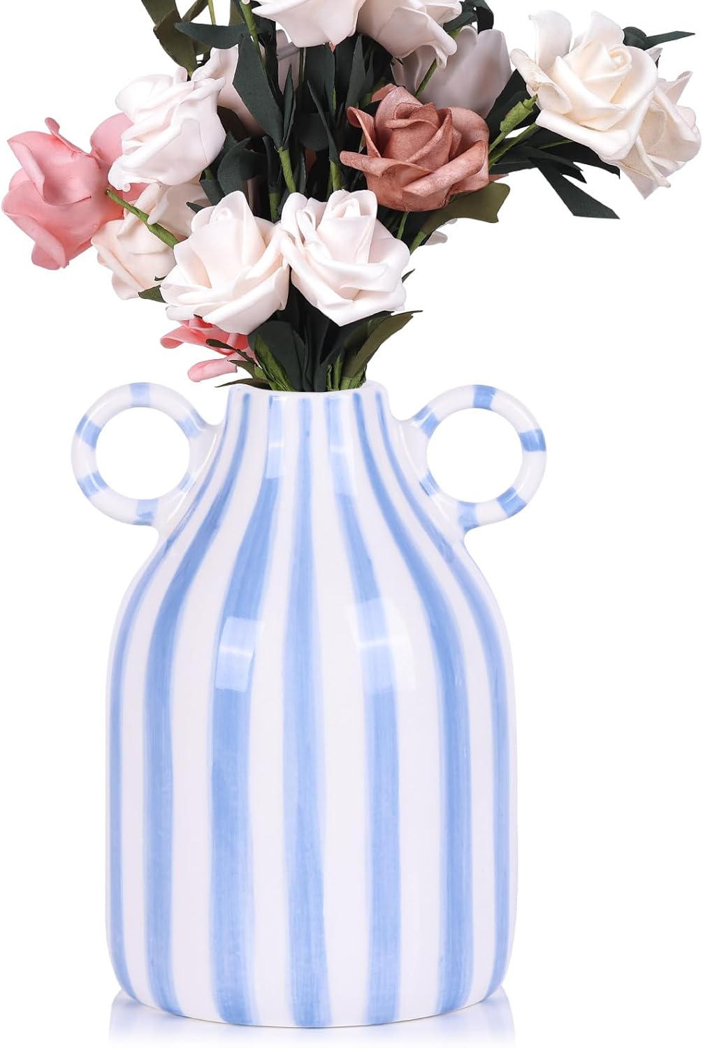 Ceramic Blue and White Striped Vase with Handle