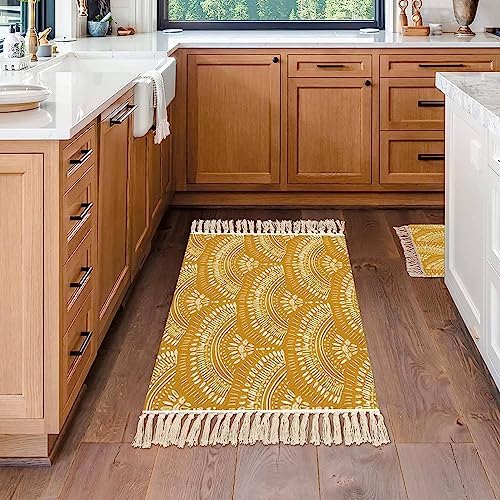Boho Kid Bedroom Playroom Area Rug Mustard Yellow Tassels Carpet Mat Pad