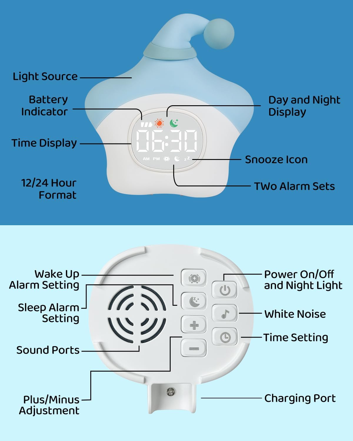 Star Alarm Clock with Night Light for Kids Blue