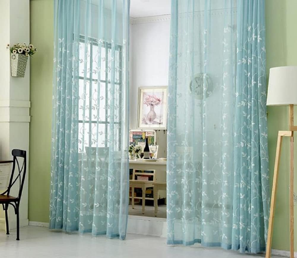 Sheer Floral Embroidered Rod Pocket Window Panels - Blue 100x95 Inch