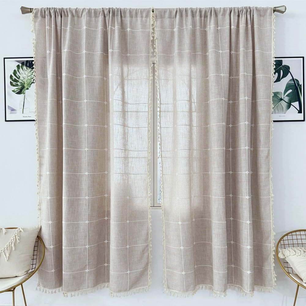 Amidoudou Boho Cotton Linen Curtains 2 Panels 96 Inches Long Tan