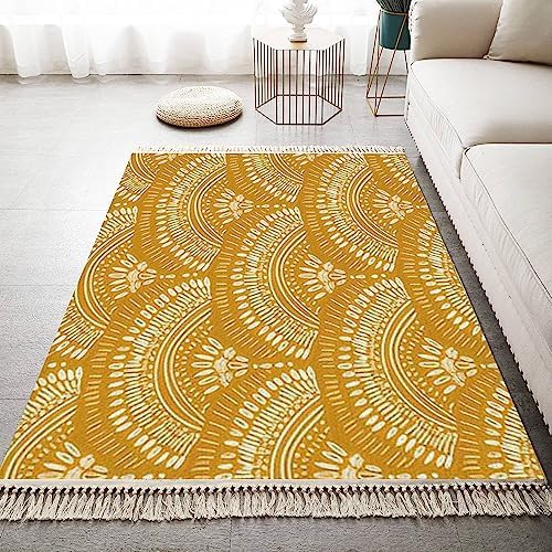 Boho Kid Bedroom Playroom Area Rug Mustard Yellow Tassels Carpet Mat Pad