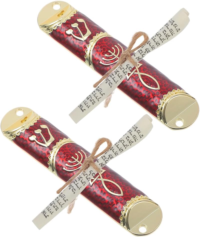 LOGOFUN 2 Piece Mezuzah Set with Scroll and Metal Case - Gold Red