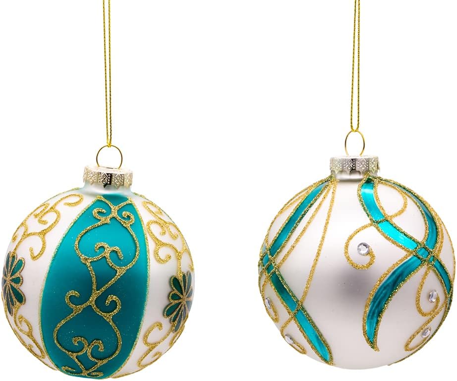 Kurt S Adler 6 Piece Gold Dark Teal White Ball Ornament Set
