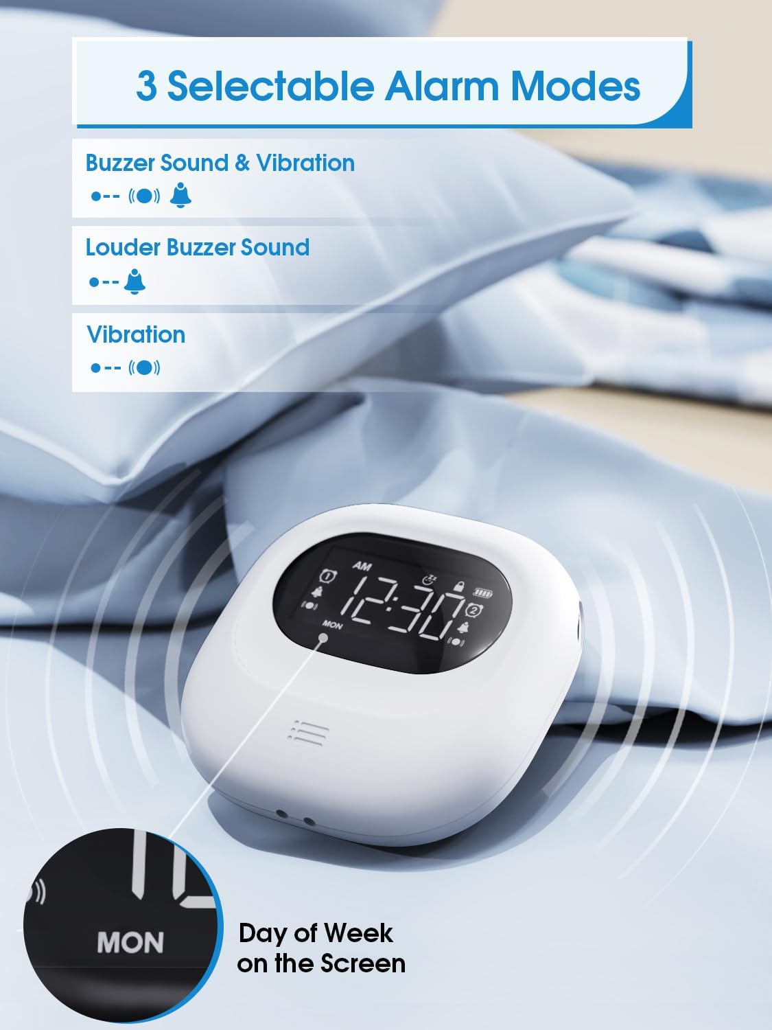 Vibrating Alarm Clock with 3 Wake Modes for Heavy Sleepers