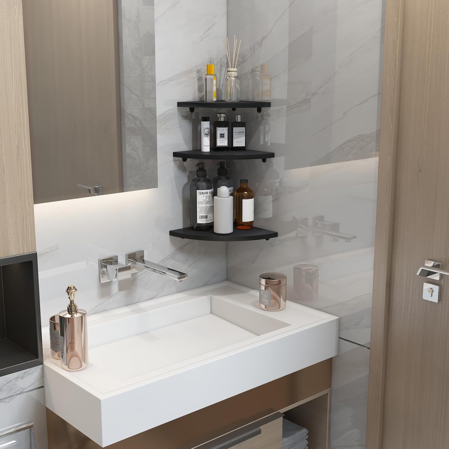 HORLIMER Floating Corner Shelf Wall Mount Set of 6 Black