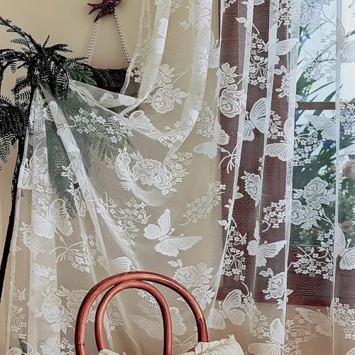 White Butterfly Embroidery Sheer Curtain Panel for Door Window Hanging