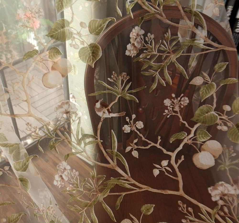PureAqu Floral Birds Rod Pocket Panel Curtain