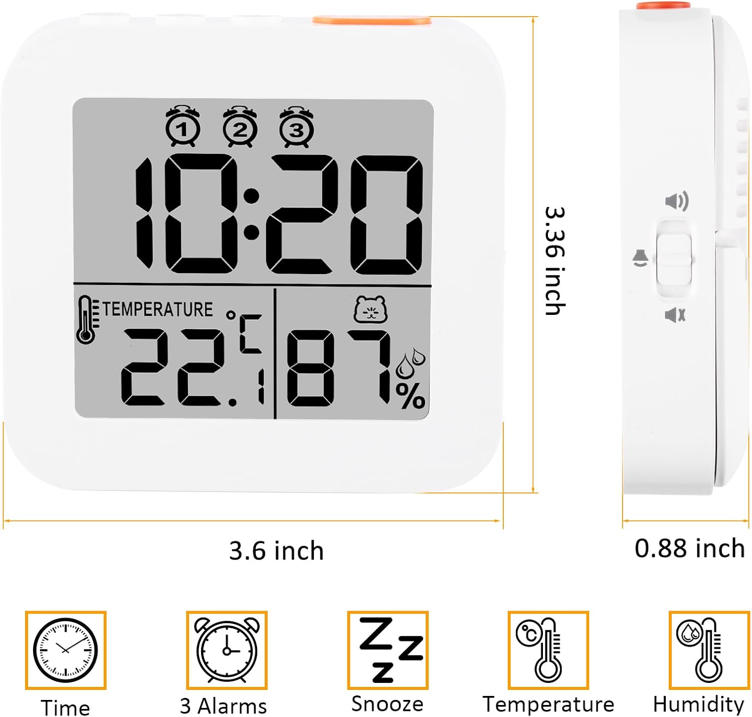 WinFong Small Digital Alarm Clock with 3 Bells and Temperature Humidity Display