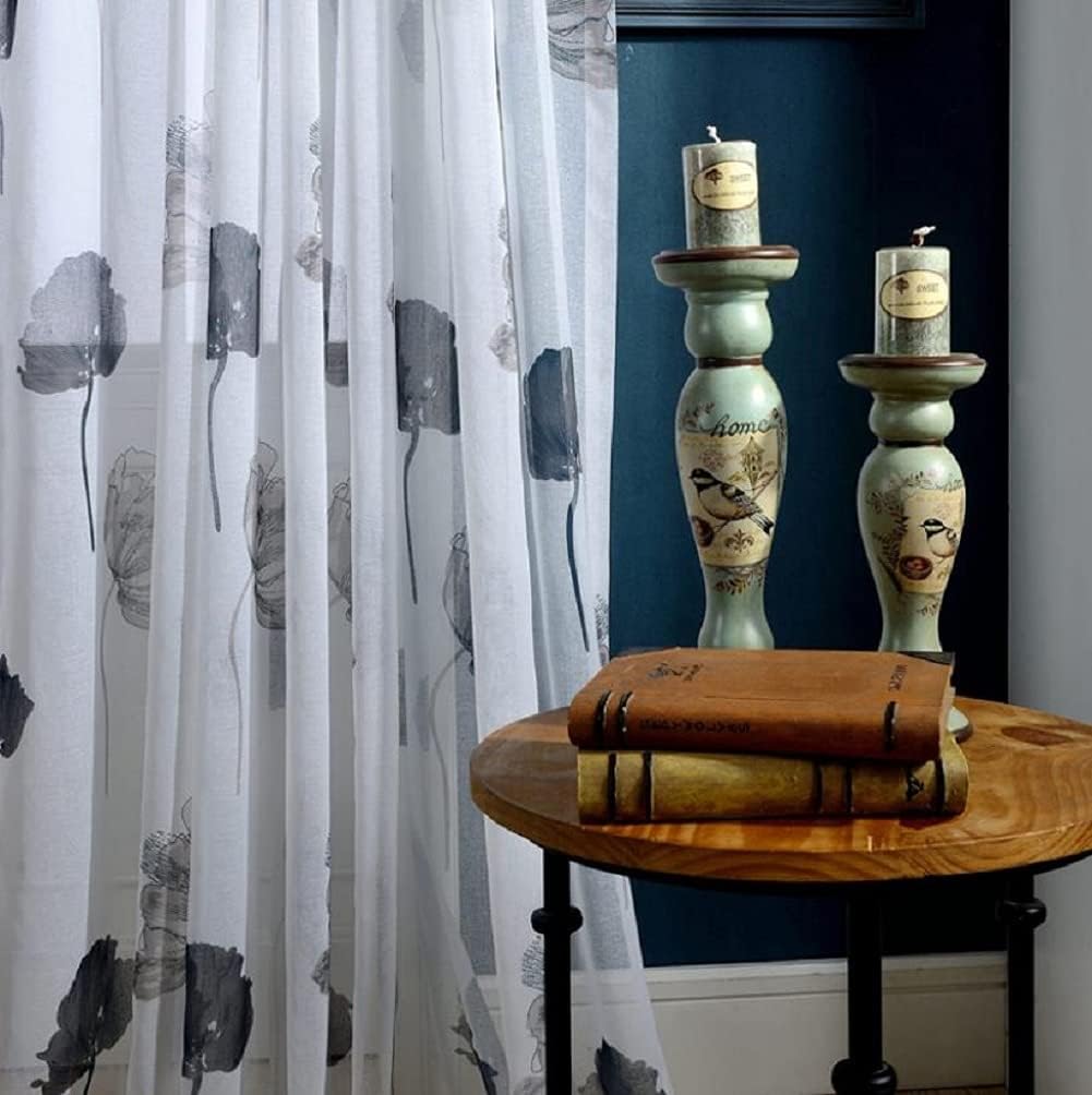 Lotus Print Sheer Curtains Rod Pocket 2 Panels