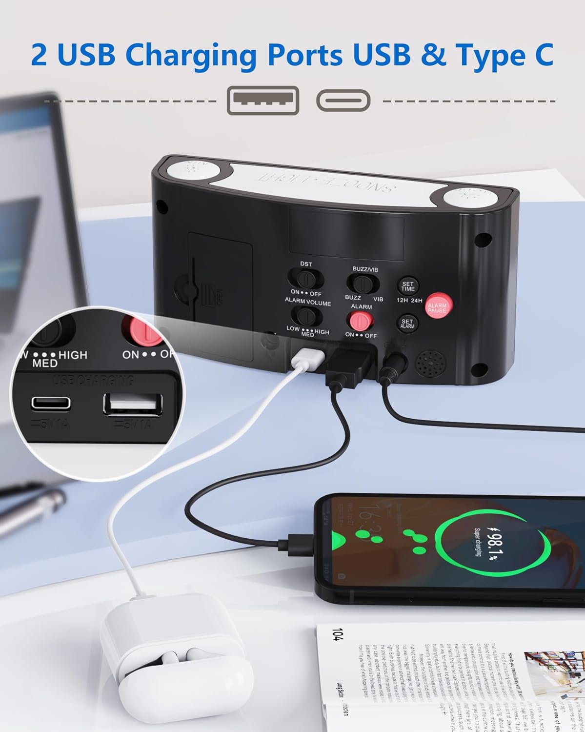 Vibrating Alarm Clock with Bed Shaker and Night Light