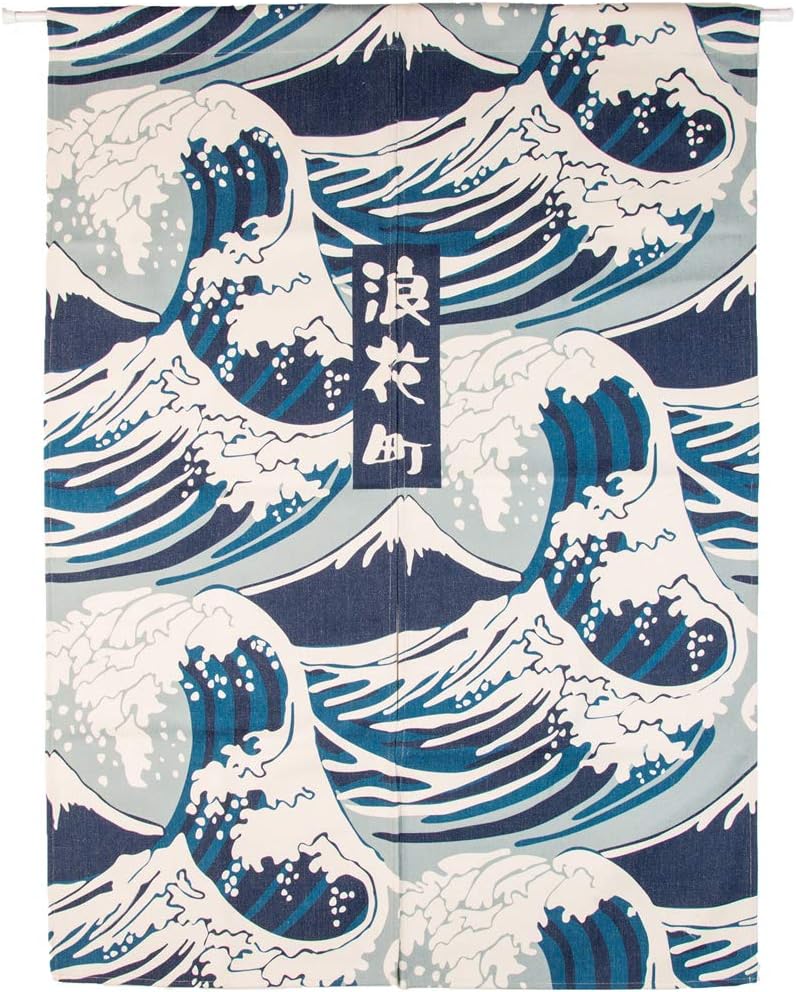 Cotton Linen Japanese Noren Door Curtain with Great Wave Pattern