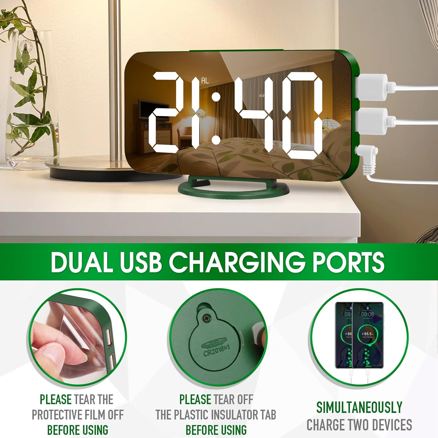 WulaWindy Digital Alarm Clock with USB Charger and Large Mirror