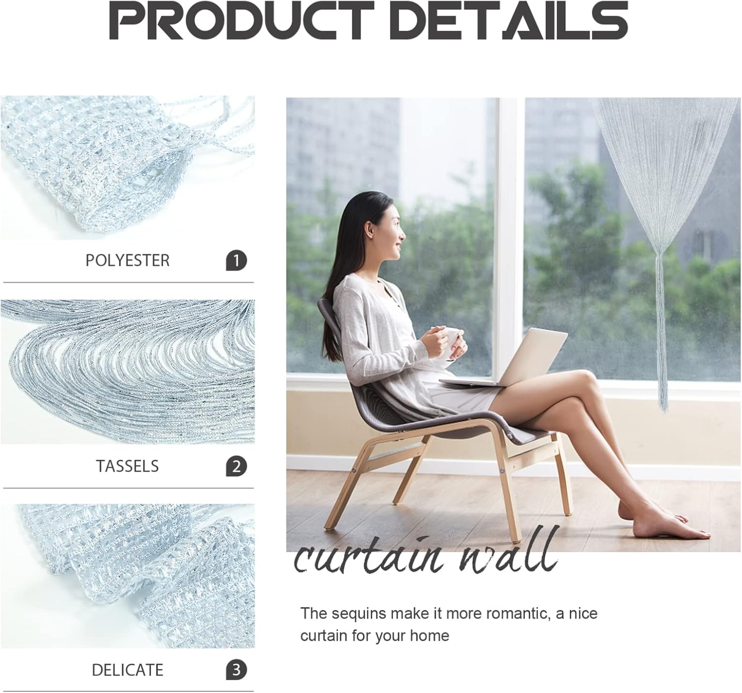 FOMIYES Grey Tassel Curtain for Doors and Windows