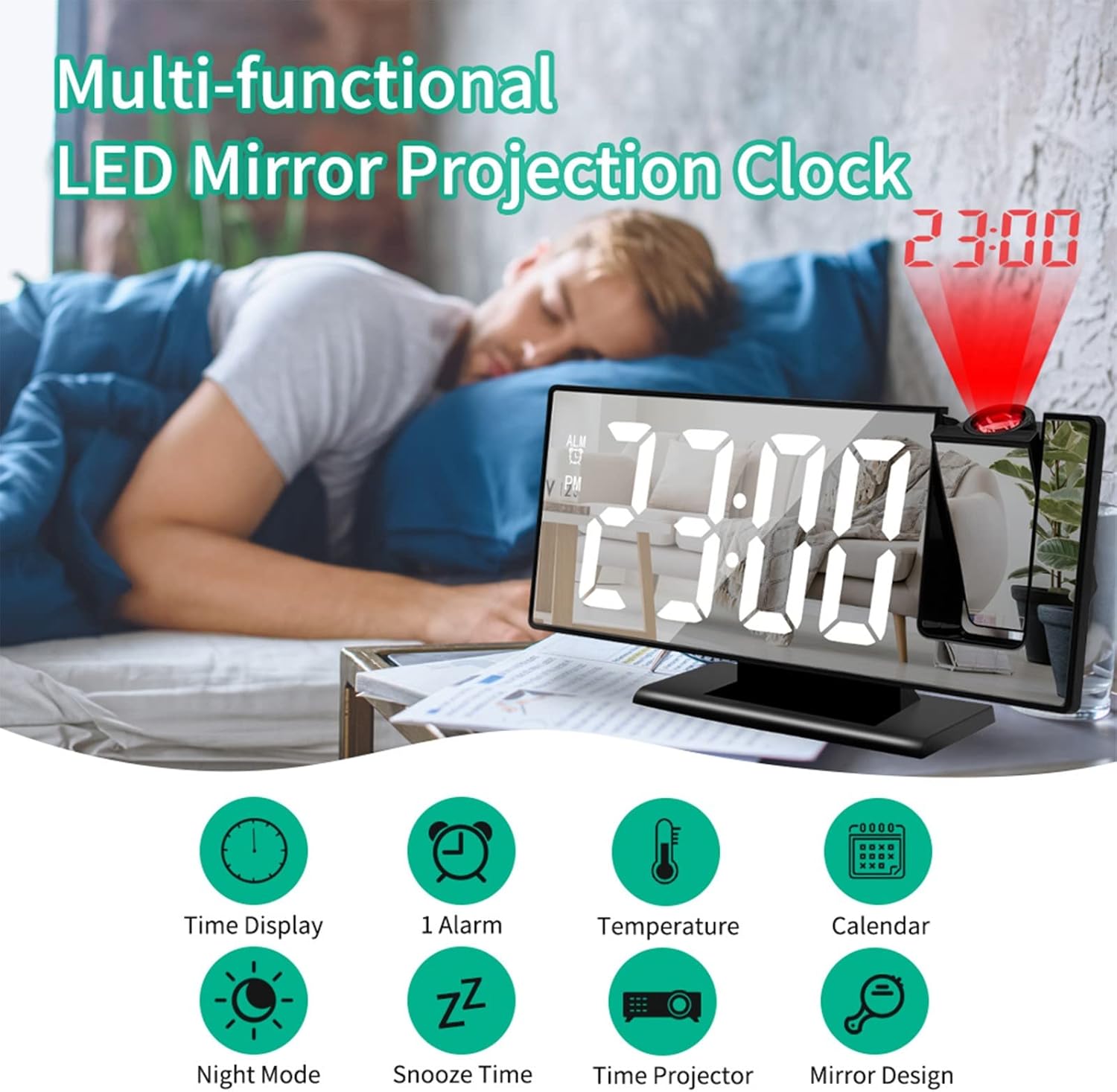Digital Alarm Clocks for Bedrooms with LED Projection and Mirror Display