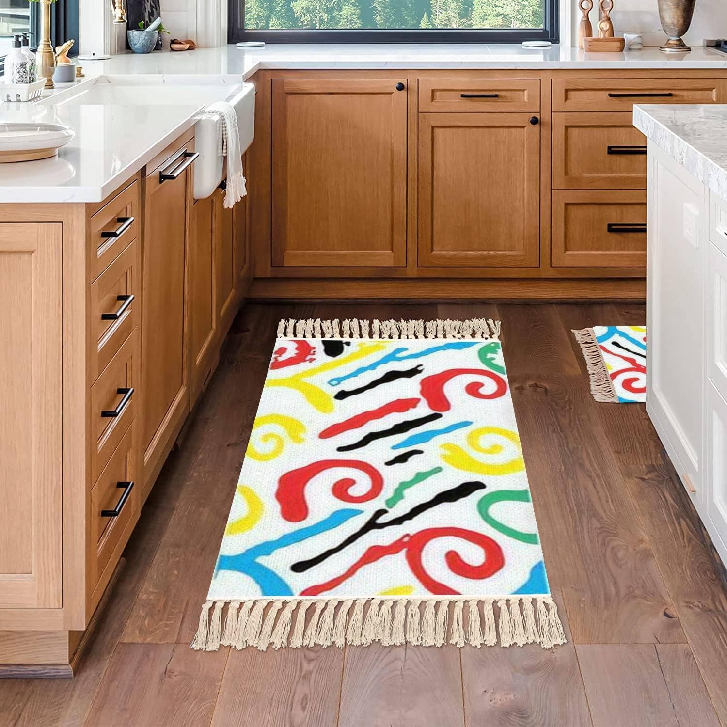 Boho Kid Bedroom Area Rug with Tassels and Blue Design
