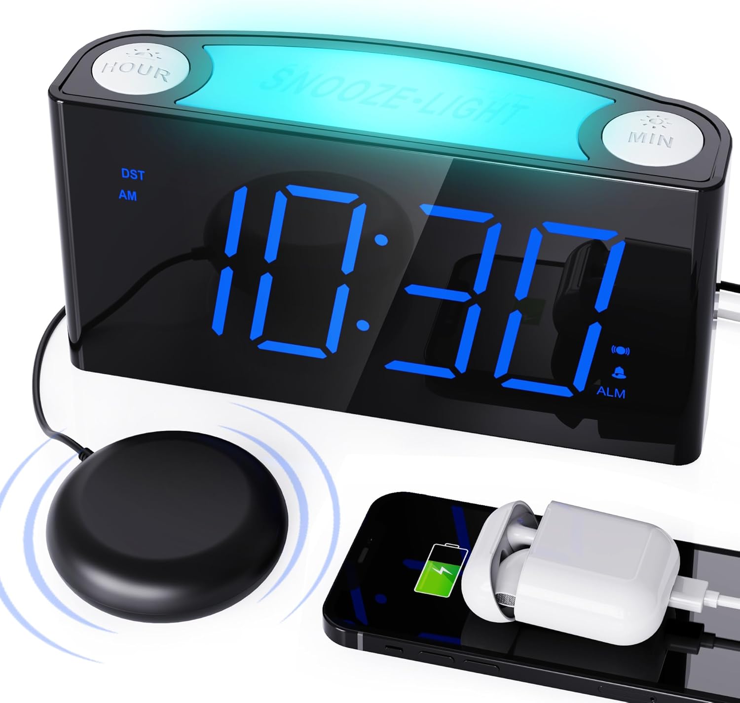 Vibrating Alarm Clock with Bed Shaker and Night Light