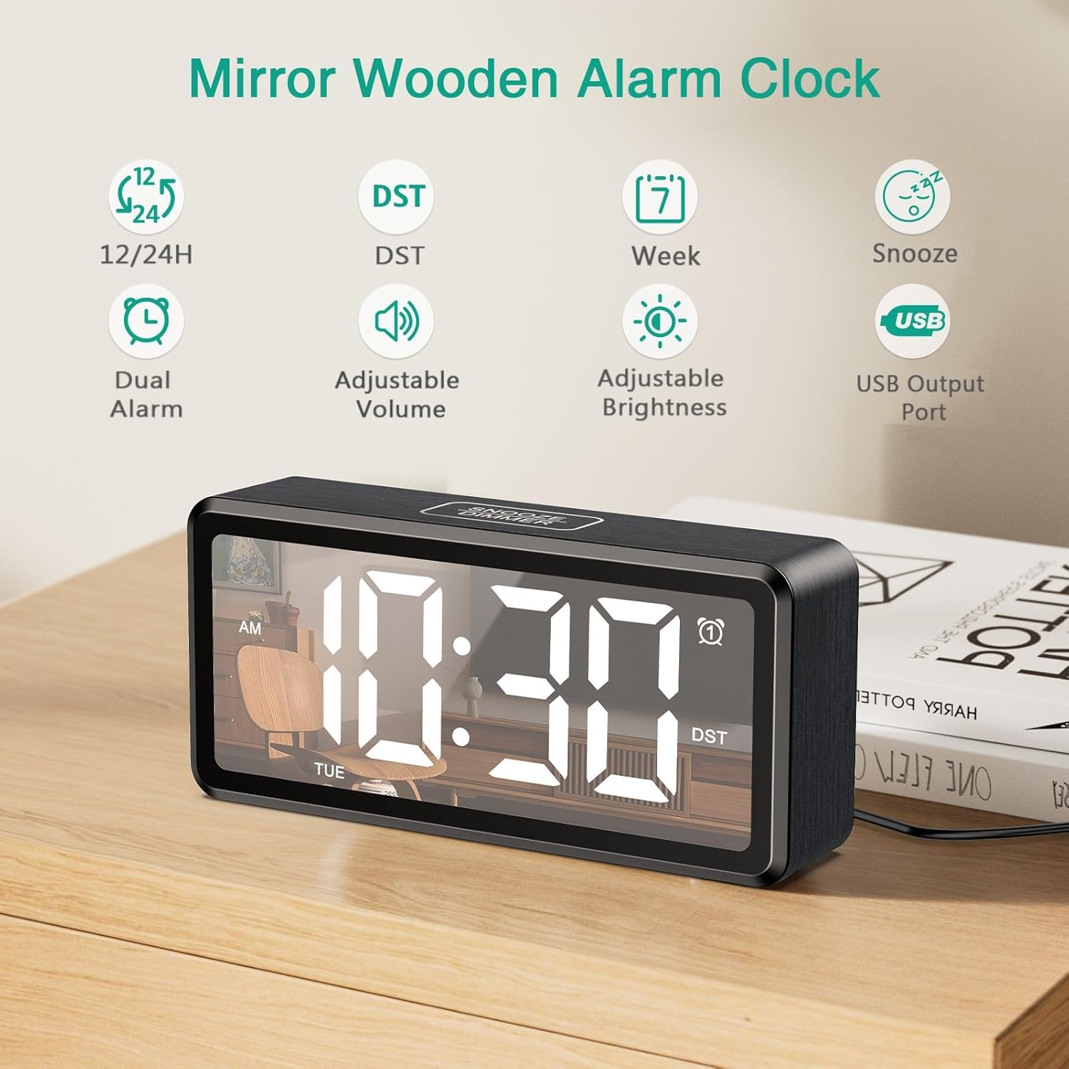 ORIA Wooden Digital Alarm Clock with LED Mirror and Dual Alarms