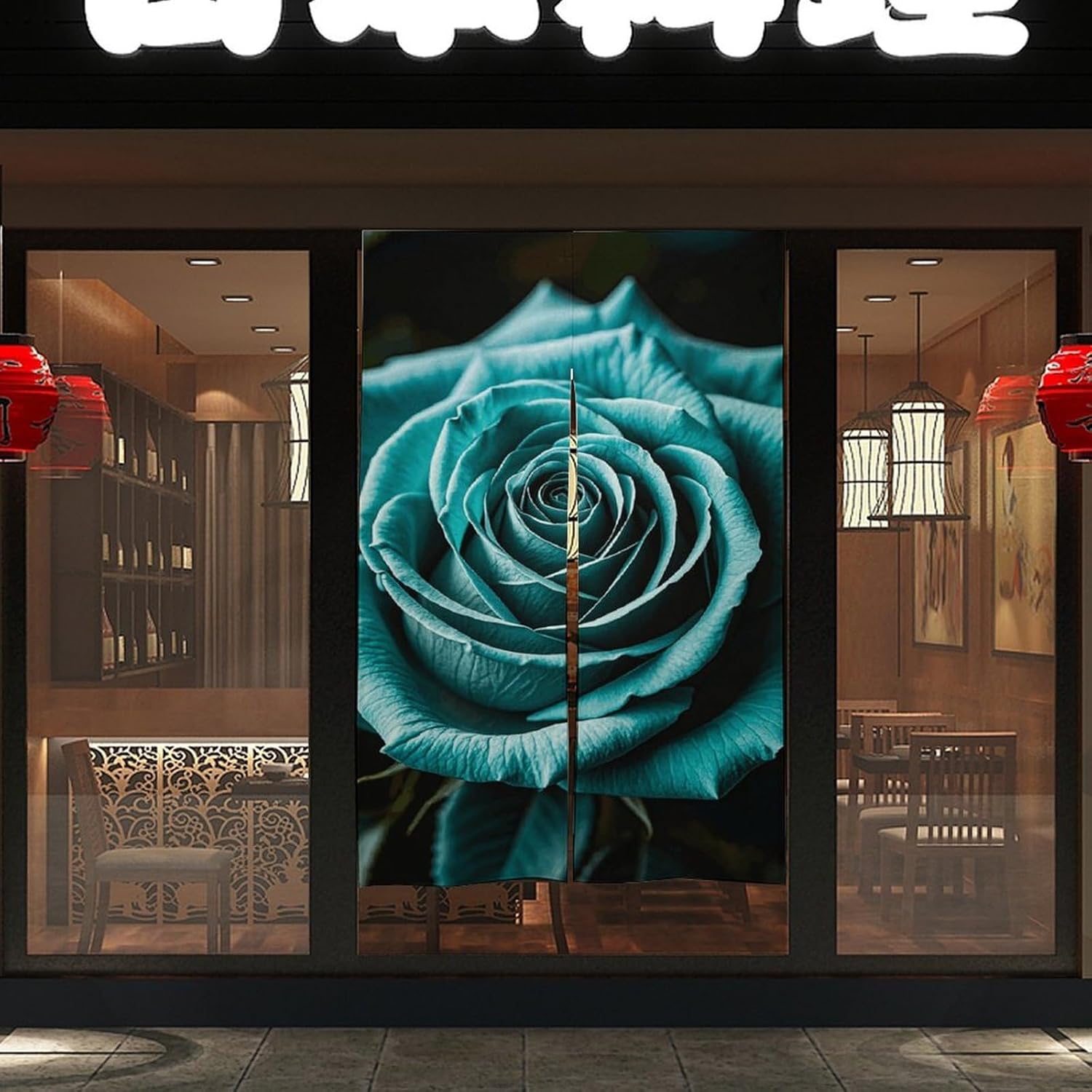 Teal Gray Rose Door Cover Curtain 57x17 Inches