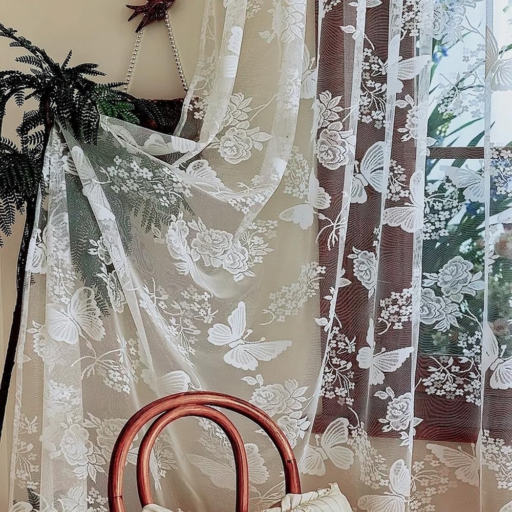 White Butterfly Embroidery Sheer Curtain Panel for Door Window Hanging