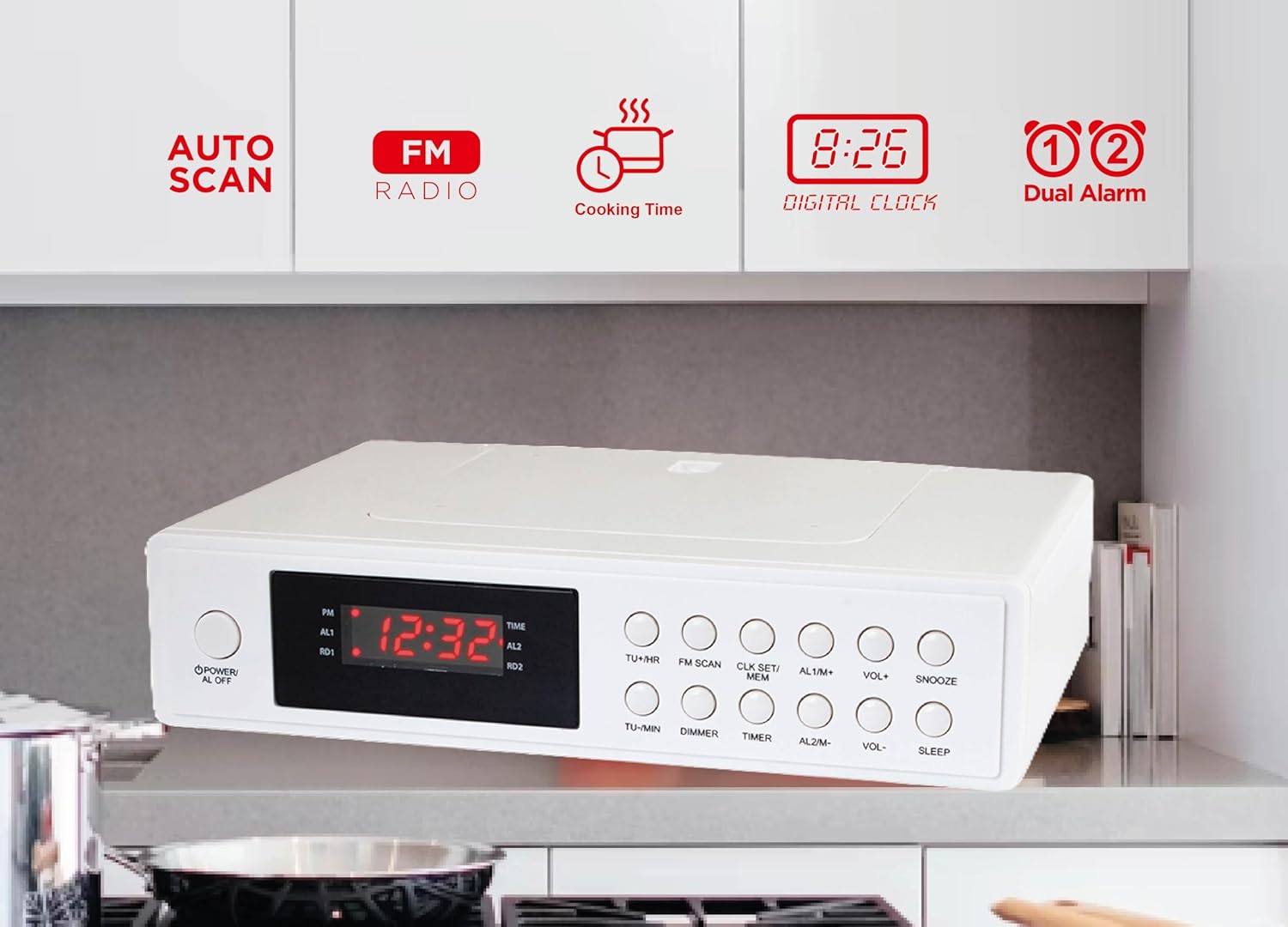 HX-155CR Kitchen Clock Radio with Timer and Dual Alarm