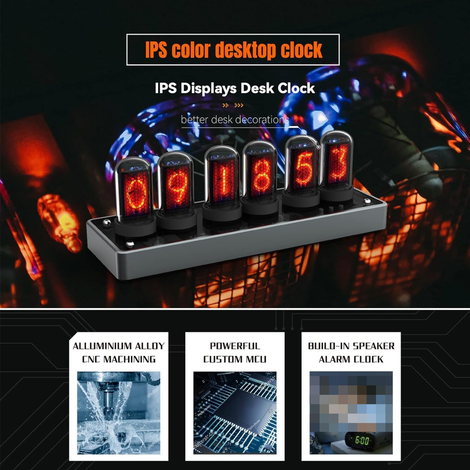 Retro Nixie Tube Clock with RGB Display and Aluminum Base