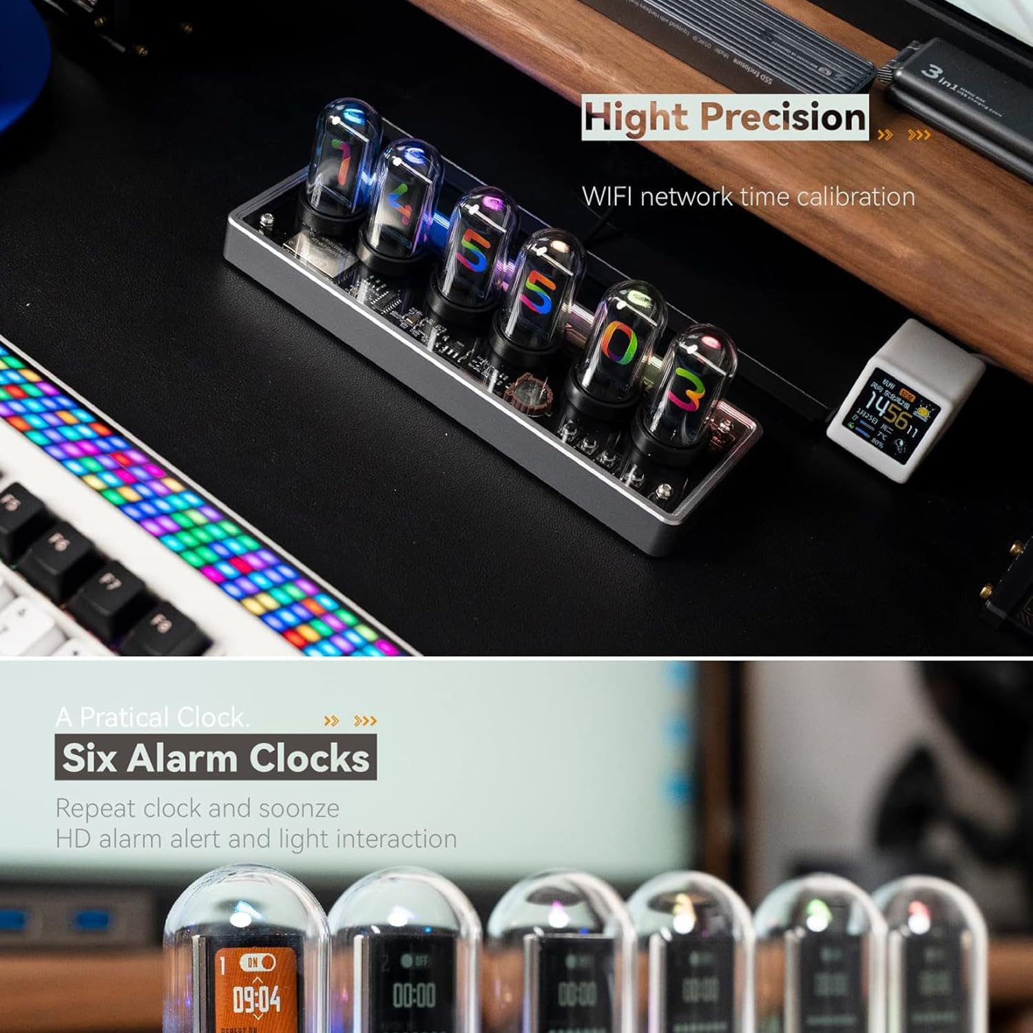 Retro Nixie Tube Clock with RGB Display and Aluminum Base