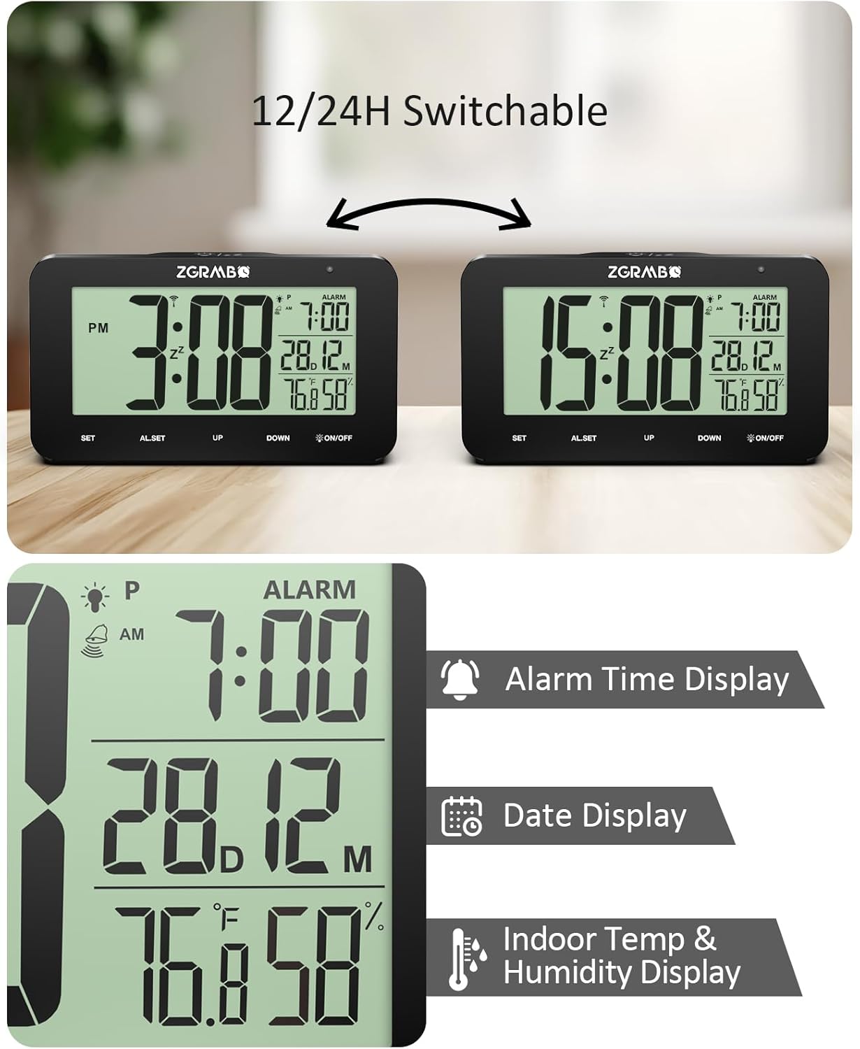 Atomic Alarm Clock with Night Light and Temp Humidity Monitoring