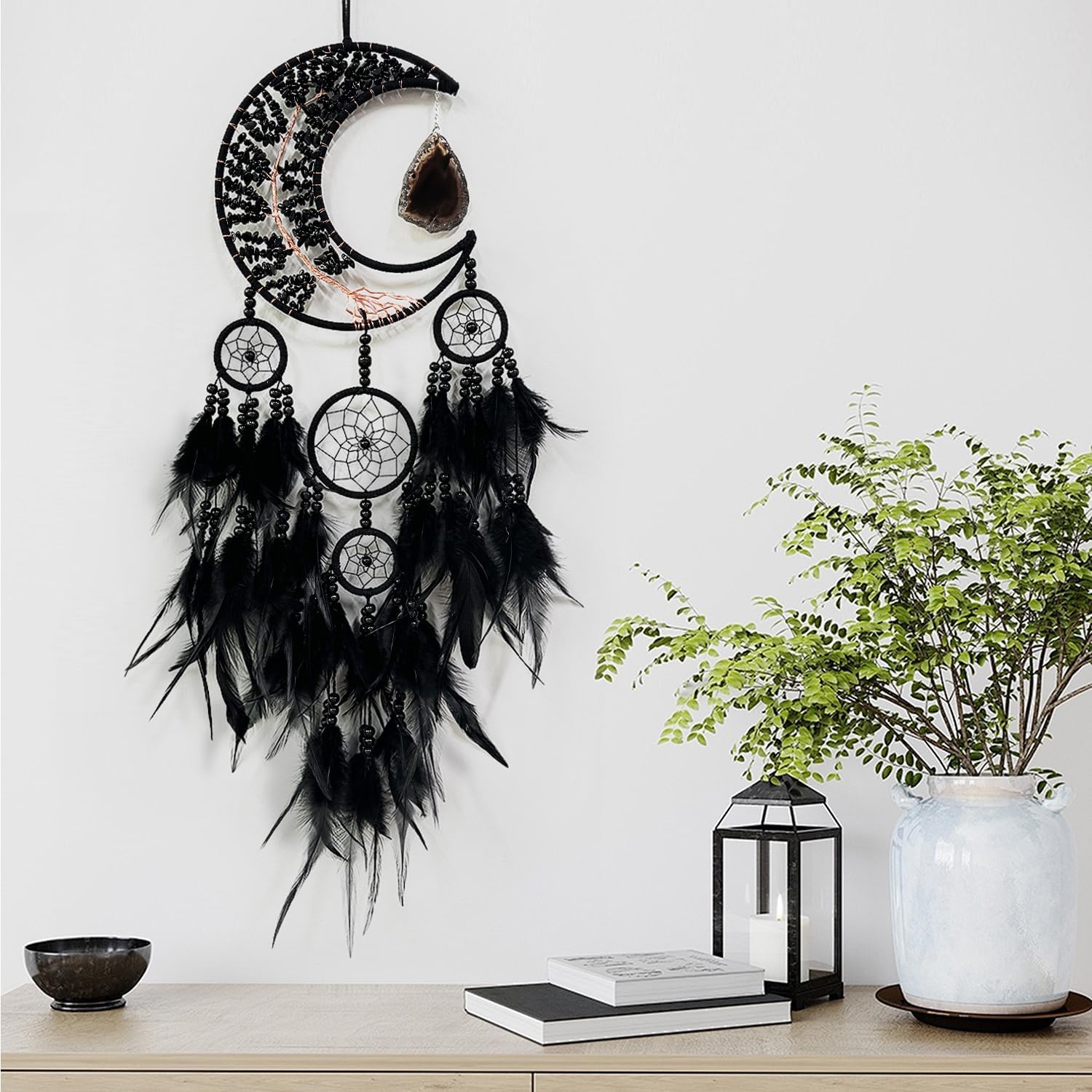 Black Gemstone Agate Dream Catcher with Tree of Life