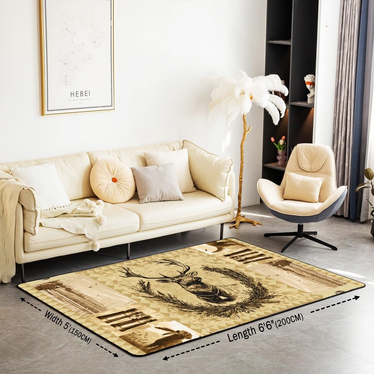 Elk Deer Antlers Area Rug 5x7 Bohemian Pattern