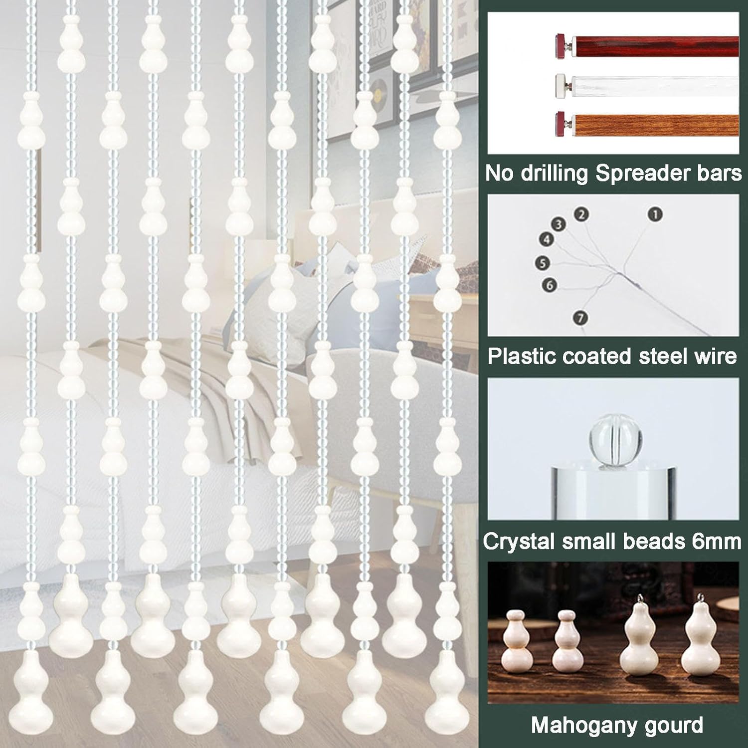 Wood Beaded Curtain with Gourd Shape Beads 32 Strands 105x205cm