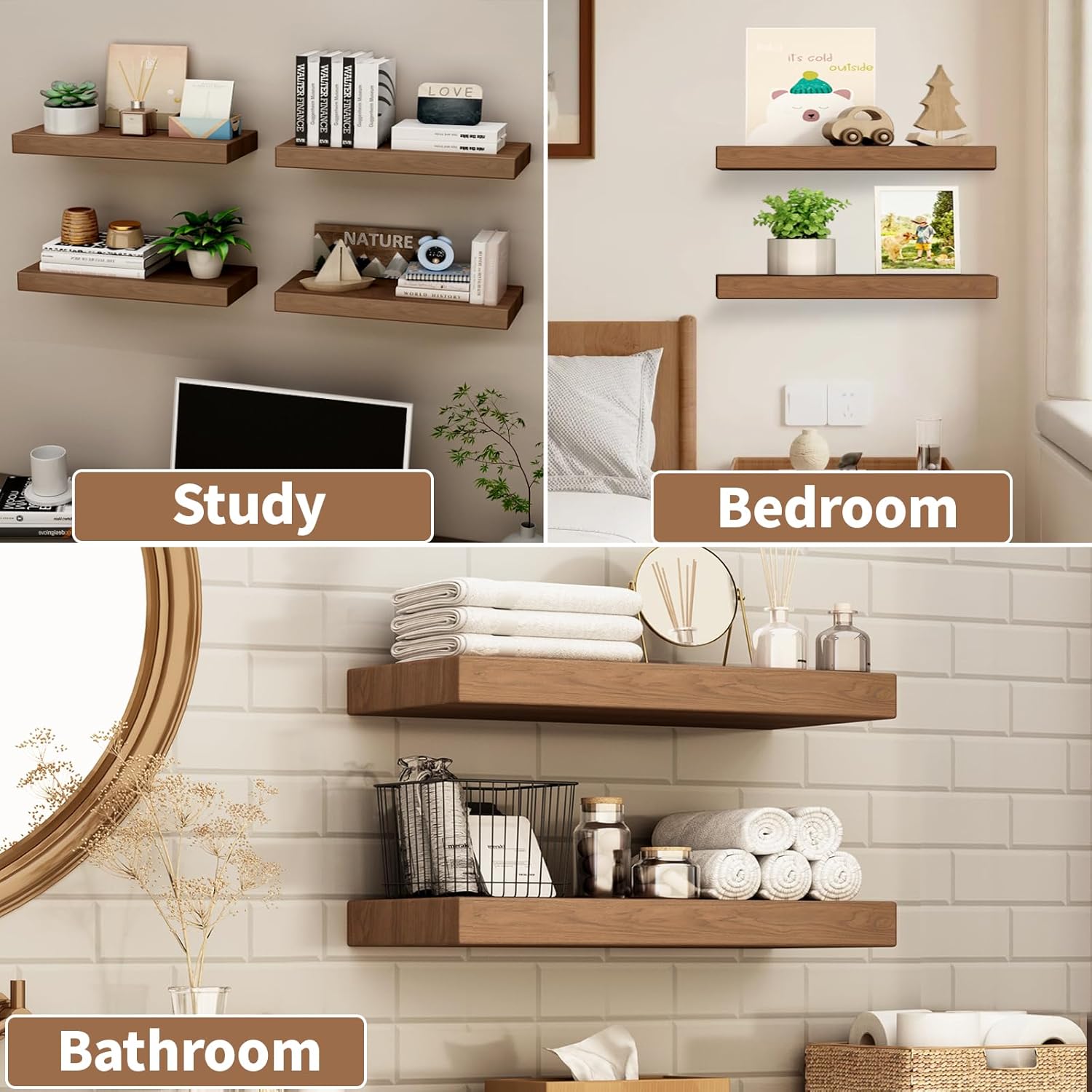 Wide Solid Wooden Floating Shelves 2 Pack Walnut 16 Inch