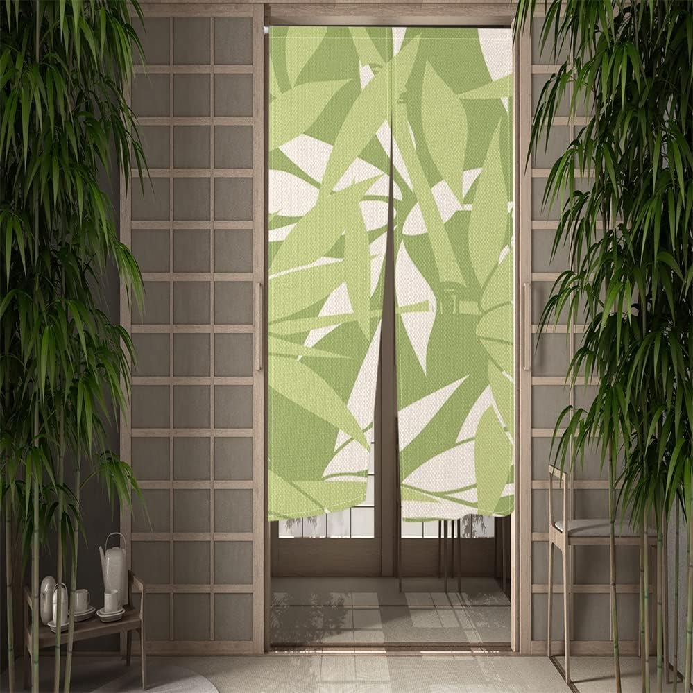 Leowefowa Japanese Noren Curtain 335x59 Green Leaves