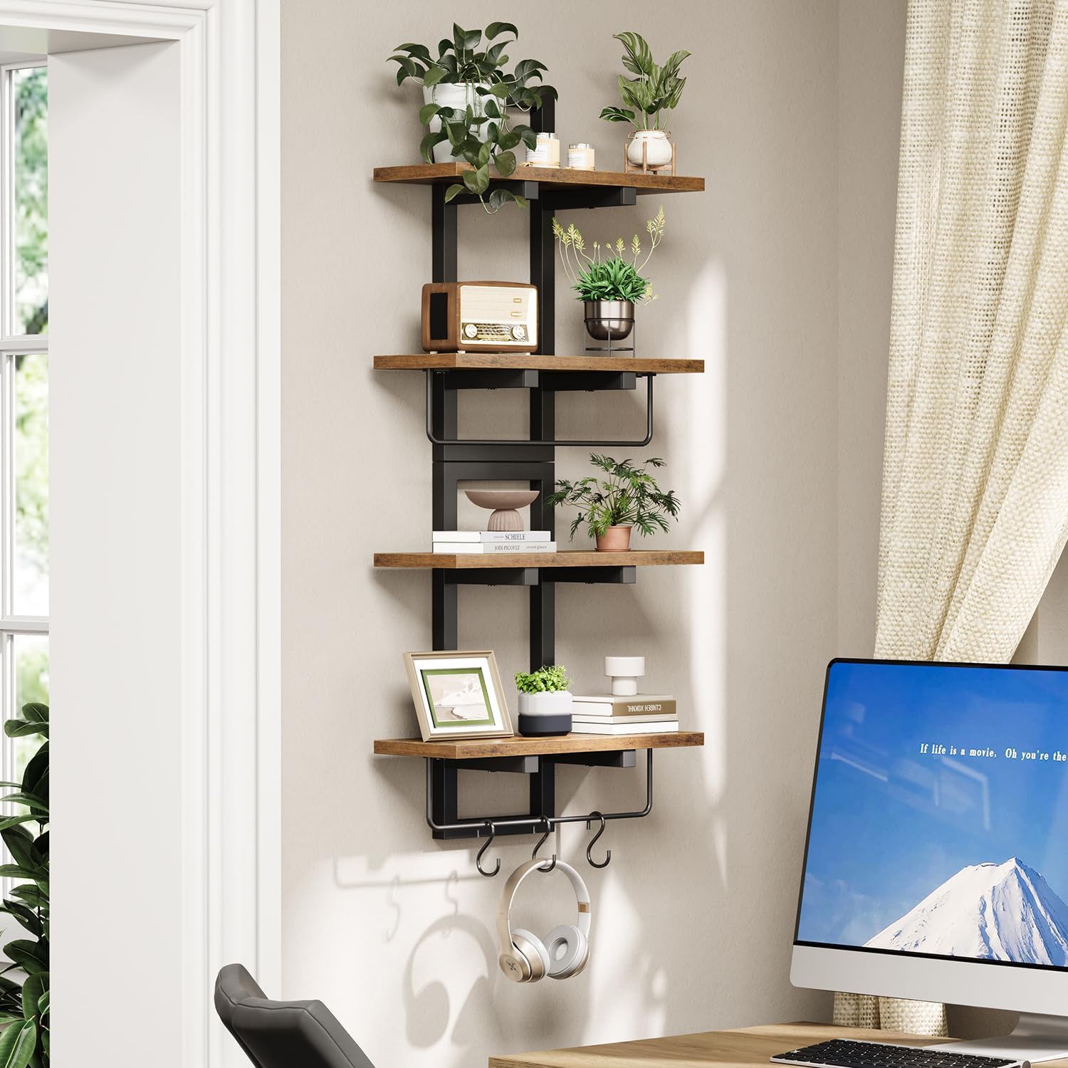 2 Tier Floating Shelves for Wall with Hooks